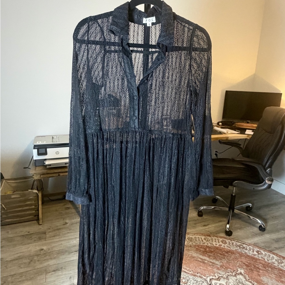 POL Navy Sheer Lace Long Sleeve Dress NWOT